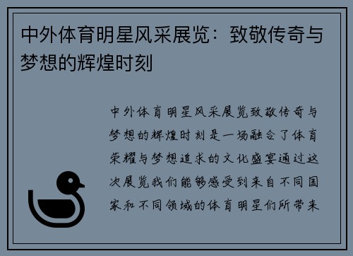 中外体育明星风采展览：致敬传奇与梦想的辉煌时刻